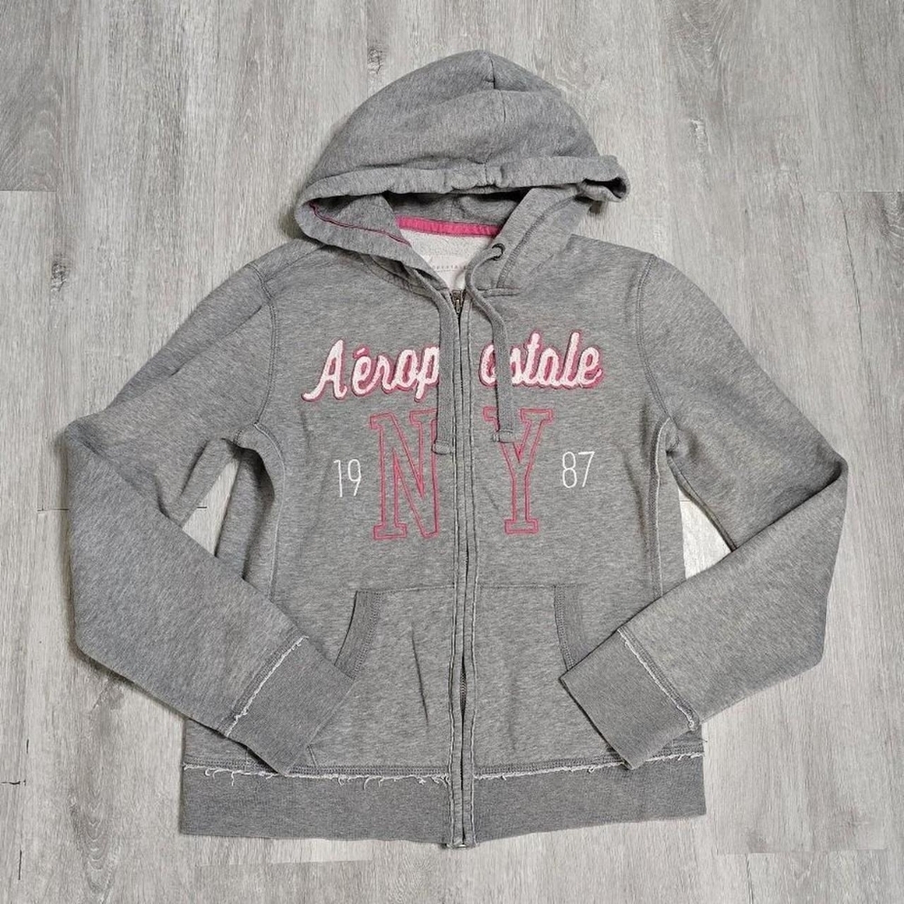 Y2K Aeropostale Grey Zip Up Hoodie with Pink Accents Size Small